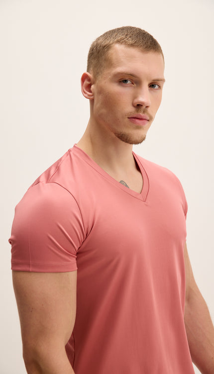 T-shirt à manches ajustées et col en V - Rose