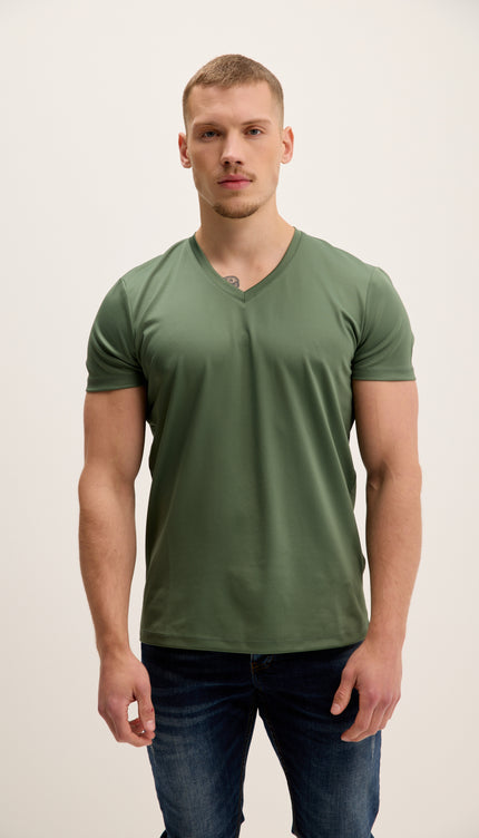 V-neck Fitted Sleeves T-shirt - Khaki