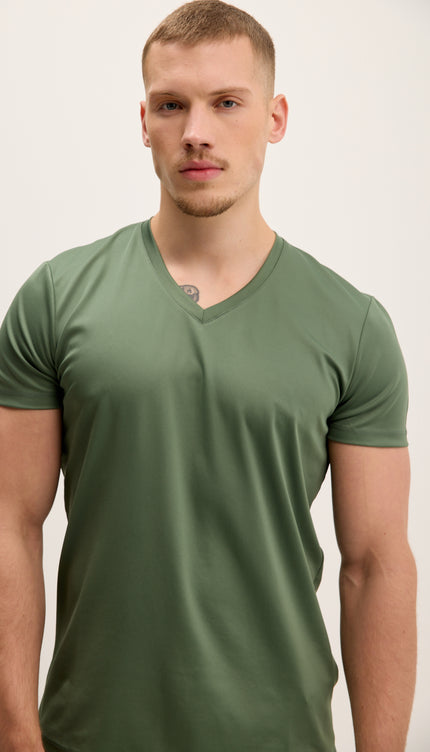 V-neck Fitted Sleeves T-shirt - Khaki