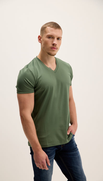 V-neck Fitted Sleeves T-shirt - Khaki
