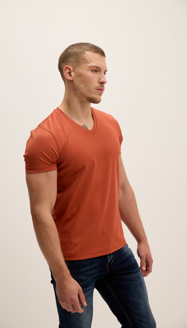 V-neck Fitted Sleeves T-shirt - Tile