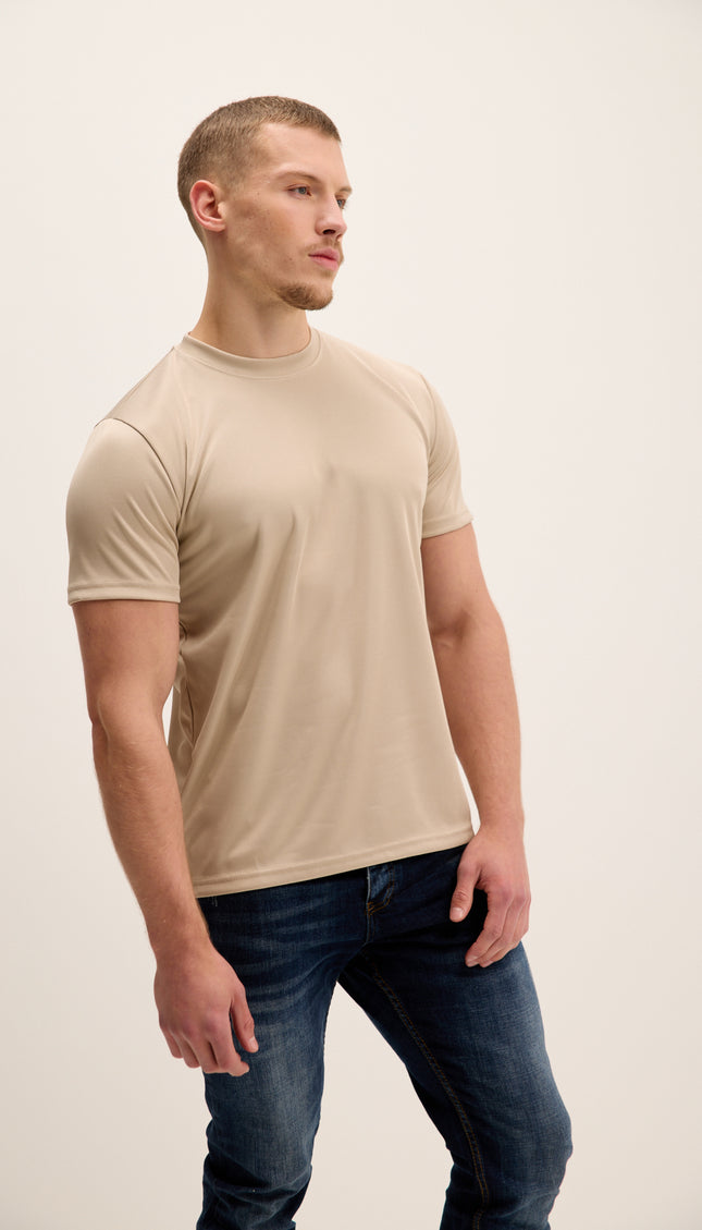 Double Knitted Luxurious Glow Crew Neck T-Shirt - Beige