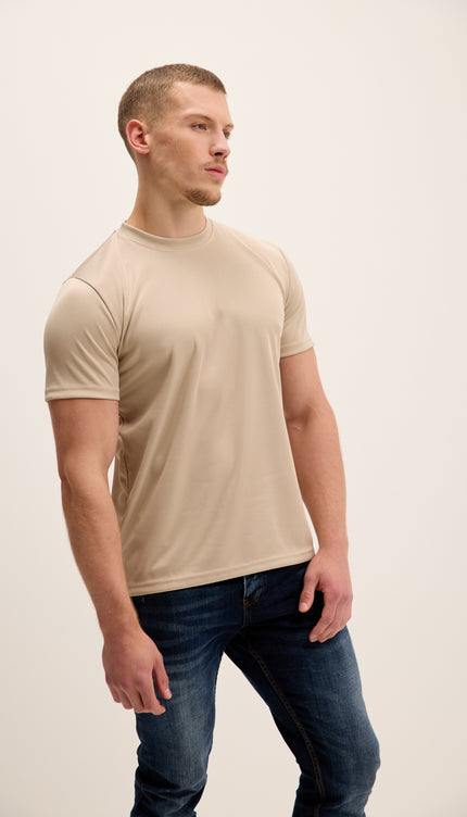 Double Knitted Luxurious Glow Crew Neck T-Shirt - Beige