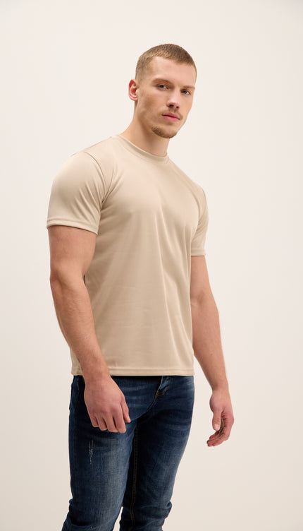Double Knitted Luxurious Glow Crew Neck T-Shirt - Beige
