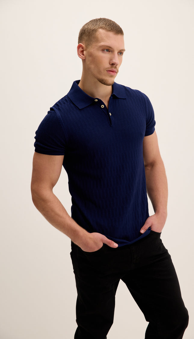 Short Sleeve Textured Polo Shirt - Navy