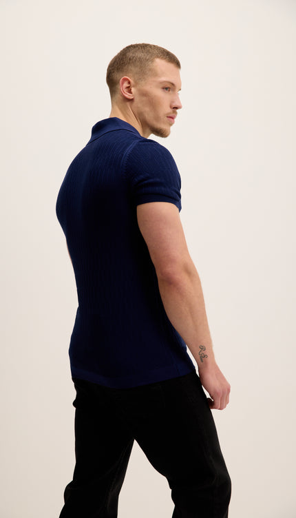 Short Sleeve Textured Polo Shirt - Navy