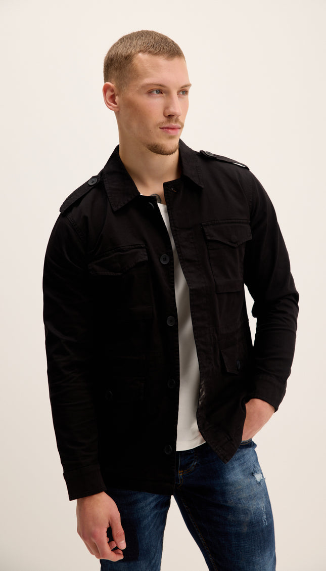 Adjustable Waist Cotton Utility Jacket - Black