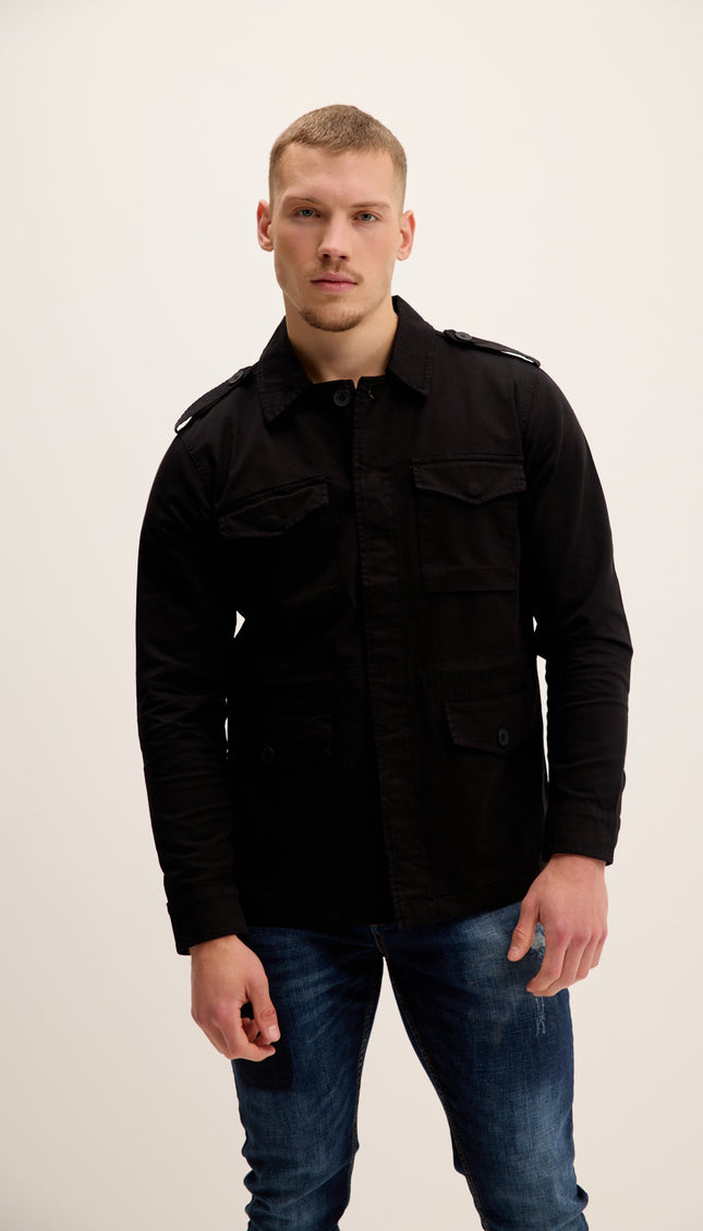 Adjustable Waist Cotton Utility Jacket - Black