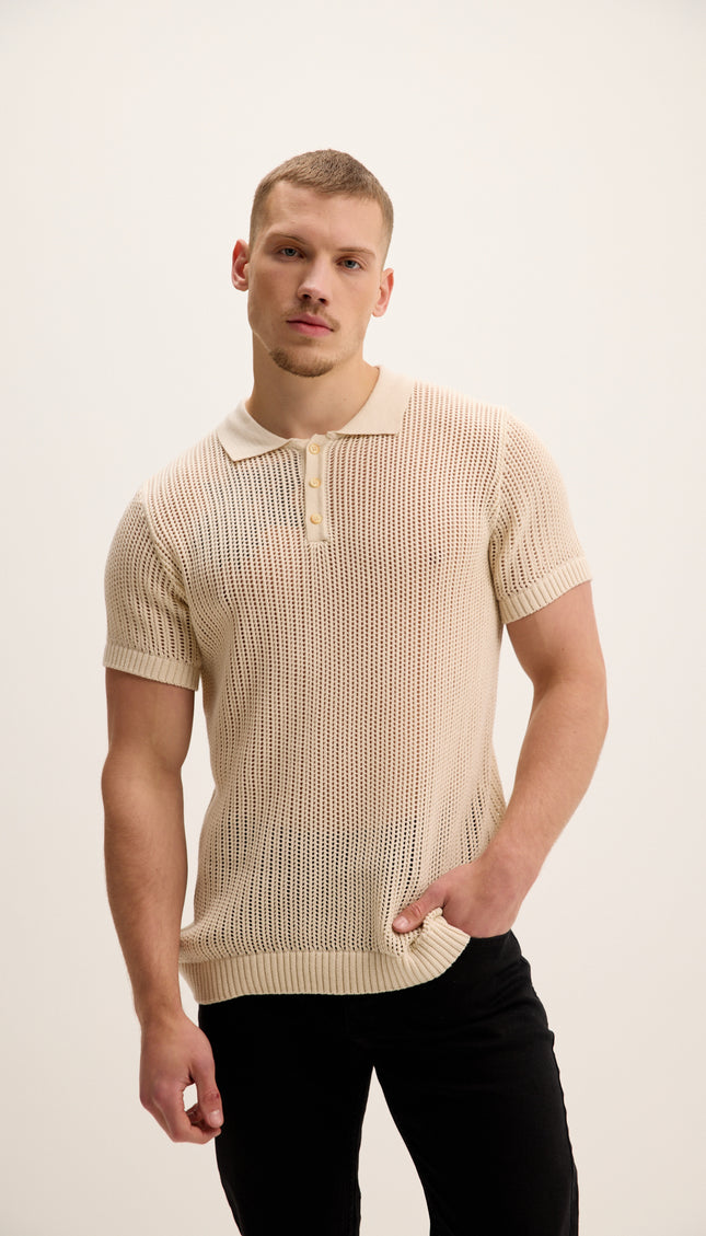Openwork Knit Polo Tee - Beige