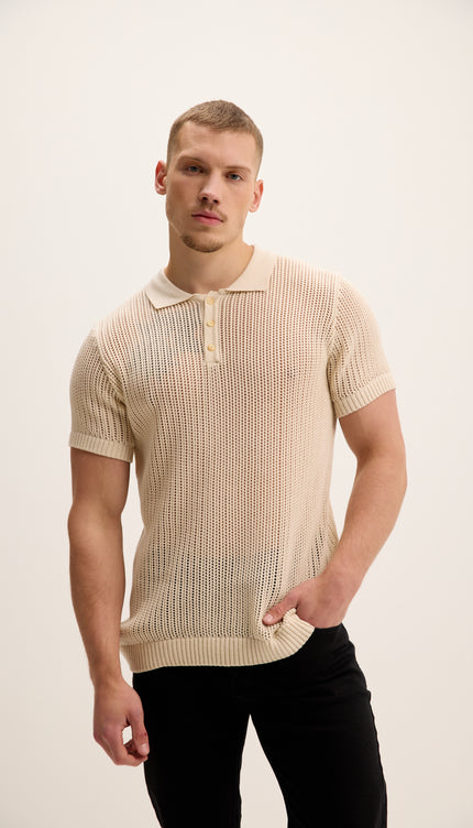 Polo-Shirt mit Lochmuster-Strickmuster – Beige