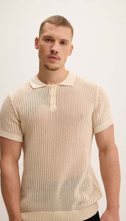 Polo-Shirt mit Lochmuster-Strickmuster – Beige