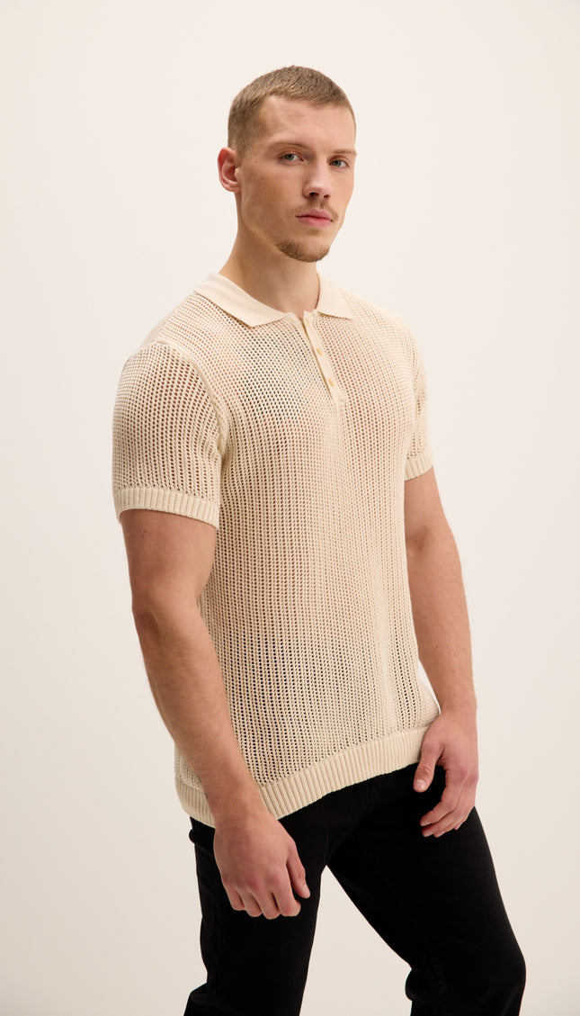 Openwork Knit Polo Tee - Beige