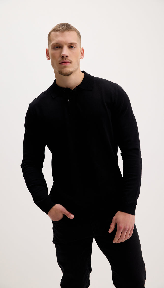 Two Button Down Polo Sweater  - Black