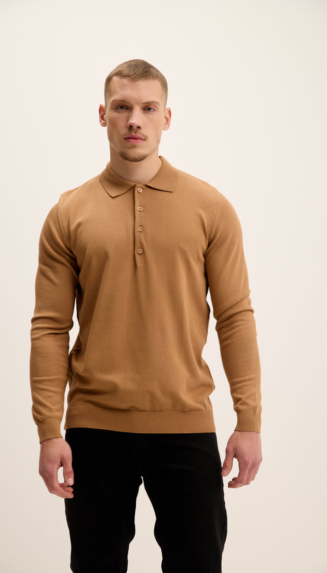 Four Button Down Polo Sweater - Camel