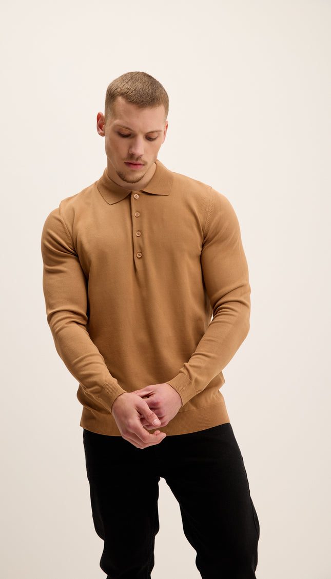 Four Button Down Polo Sweater - Camel