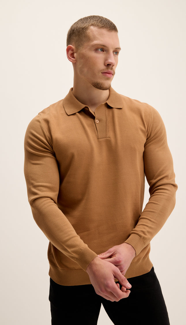 Two Button Down Polo Sweater  - Camel