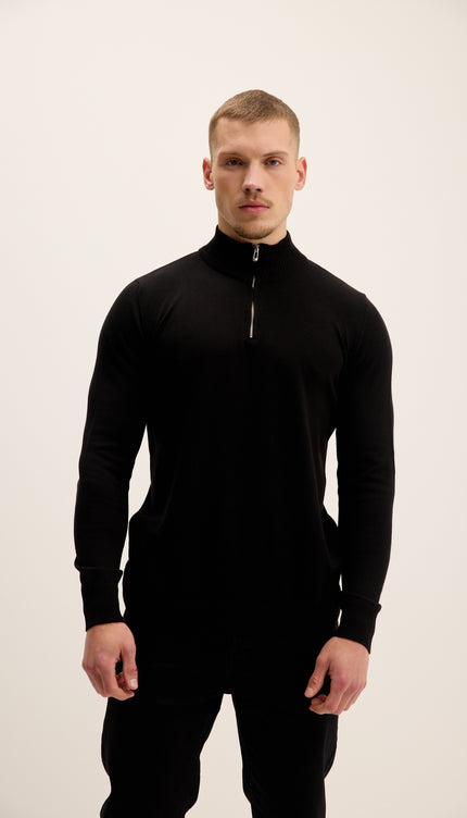 Quarter Zipper Mock Neck Ribbed Sweater - Black