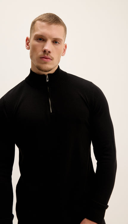 Quarter Zipper Mock Neck Ribbed Sweater - Black