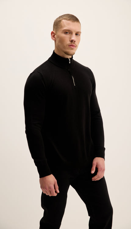 Quarter Zipper Mock Neck Ribbed Sweater - Black