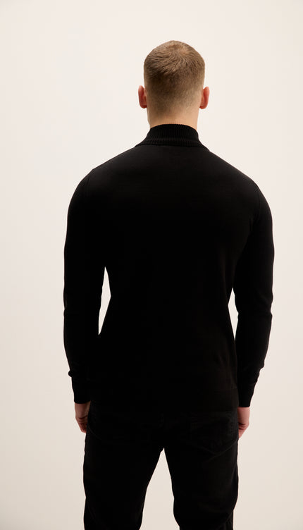 Quarter Zipper Mock Neck Ribbed Sweater - Black