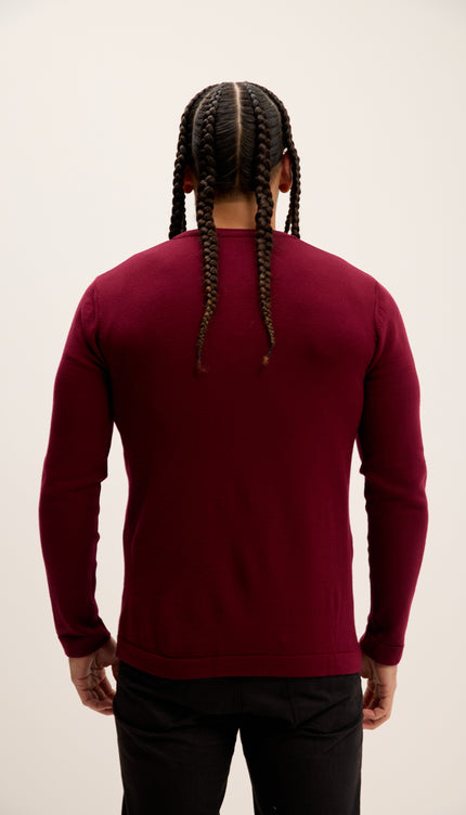 Person wearing a maroon sweater from behind on a plain background