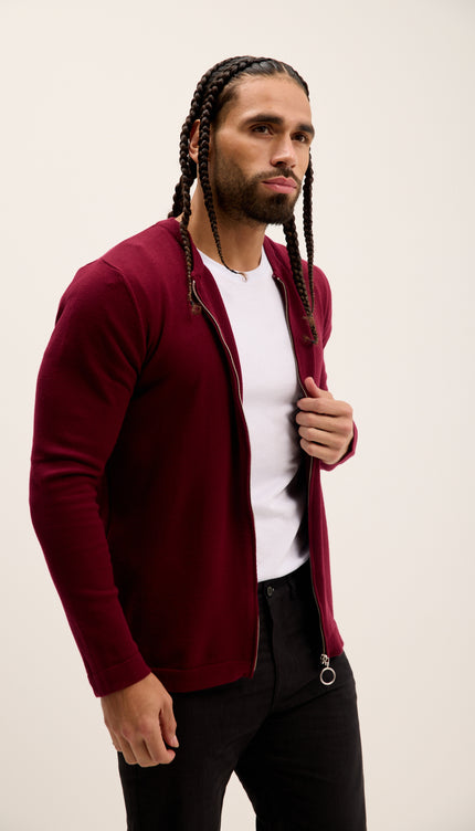 Man wearing a burgundy cardigan over a white shirt with a plain background