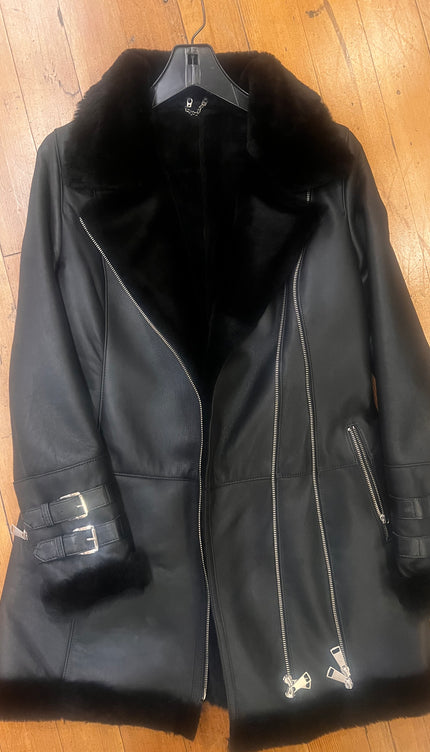 Lambskin Leather Shearling Lined Asymmetrical Coat - Black