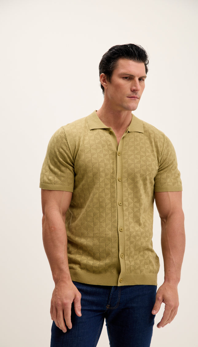 Geometric Crochet Knit Polo - Light Green