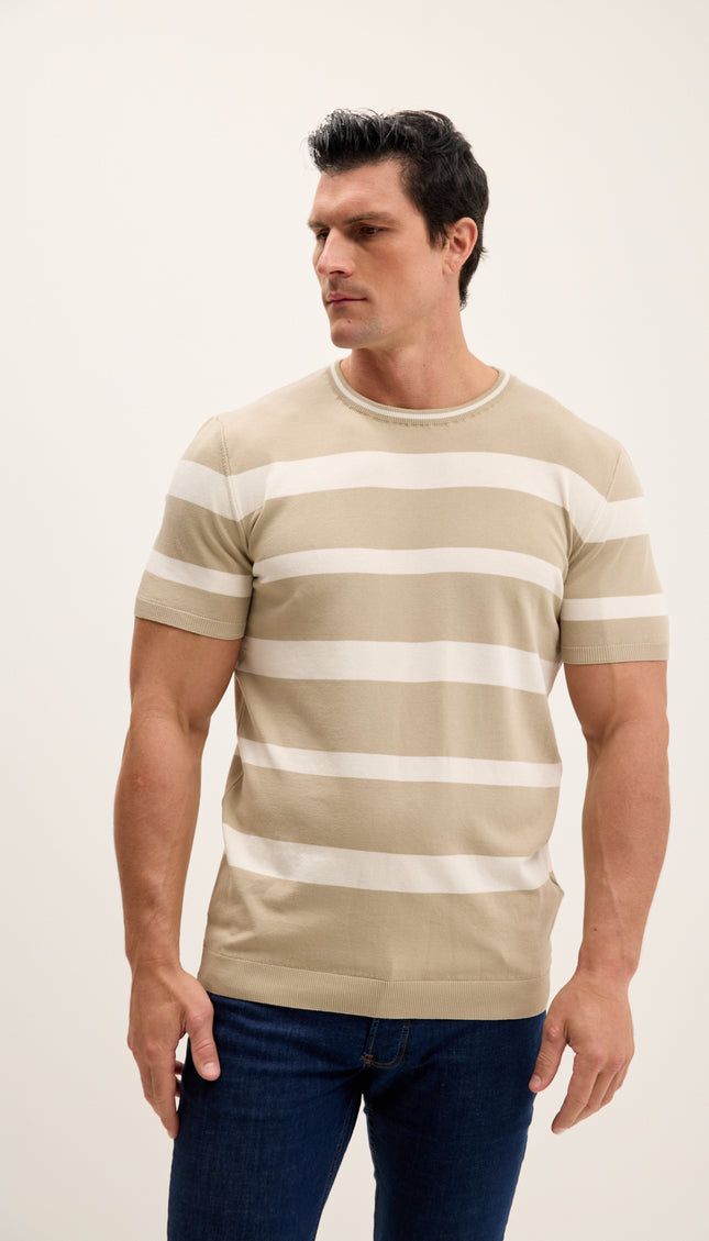 Crew-neck Knitted Striped Top - Dark Beige