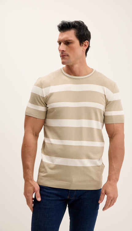 Crew-neck Knitted Striped Top - Dark Beige