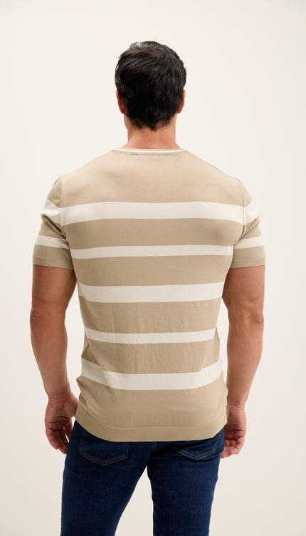 Crew-neck Knitted Striped Top - Dark Beige
