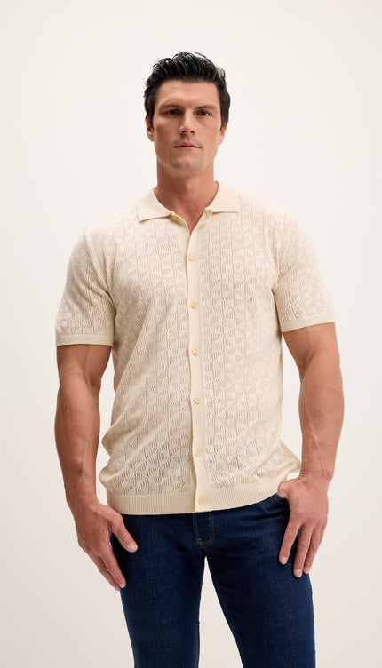 Geometric Crochet Knit Polo - Beige