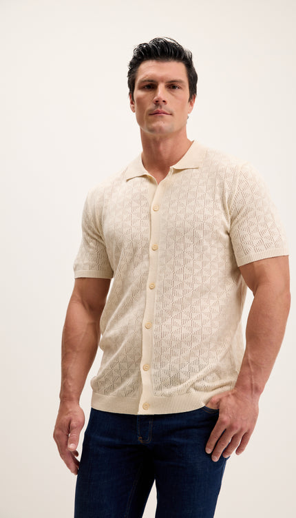 Geometric Crochet Knit Polo - Beige