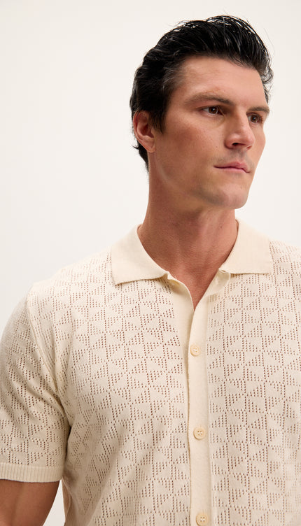 Geometric Crochet Knit Polo - Beige