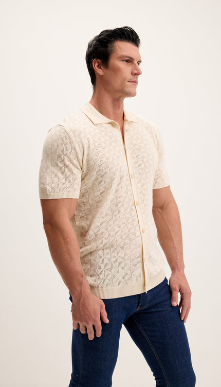 Geometric Crochet Knit Polo - Beige