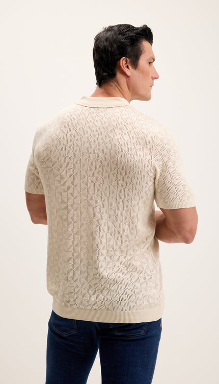 Geometric Crochet Knit Polo - Beige