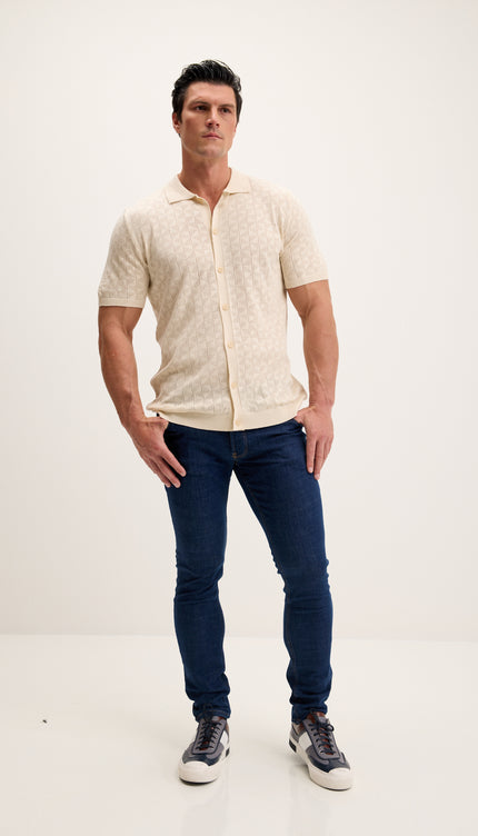 Geometric Crochet Knit Polo - Beige