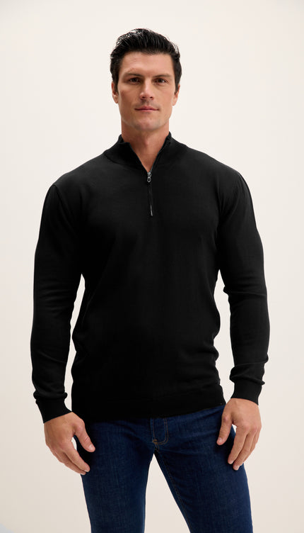 Zipper Closure Mock Neck Sweater - Black