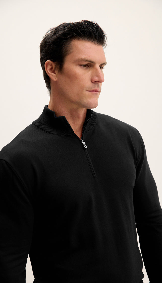 Zipper Closure Mock Neck Sweater - Black