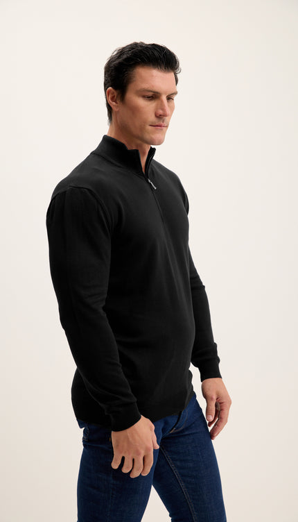 Zipper Closure Mock Neck Sweater - Black