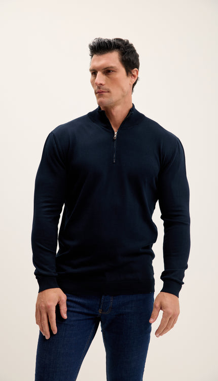 Zipper Closure Mock Neck Sweater - Navy