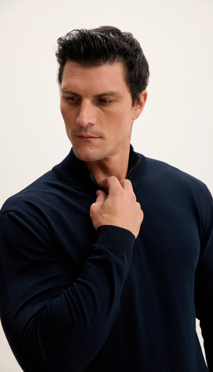 Zipper Closure Mock Neck Sweater - Navy