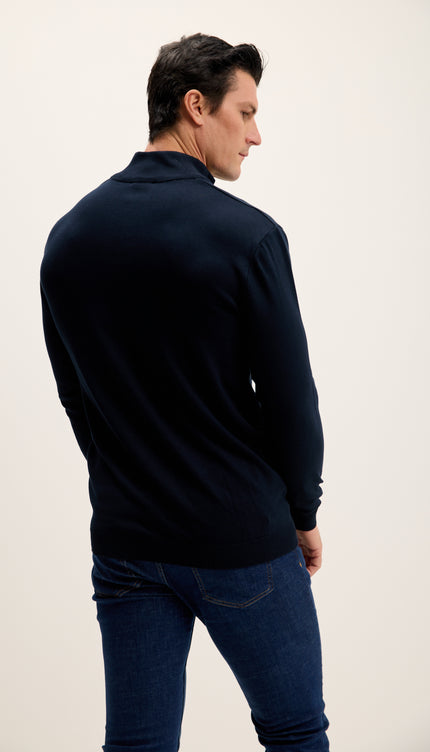Zipper Closure Mock Neck Sweater - Navy