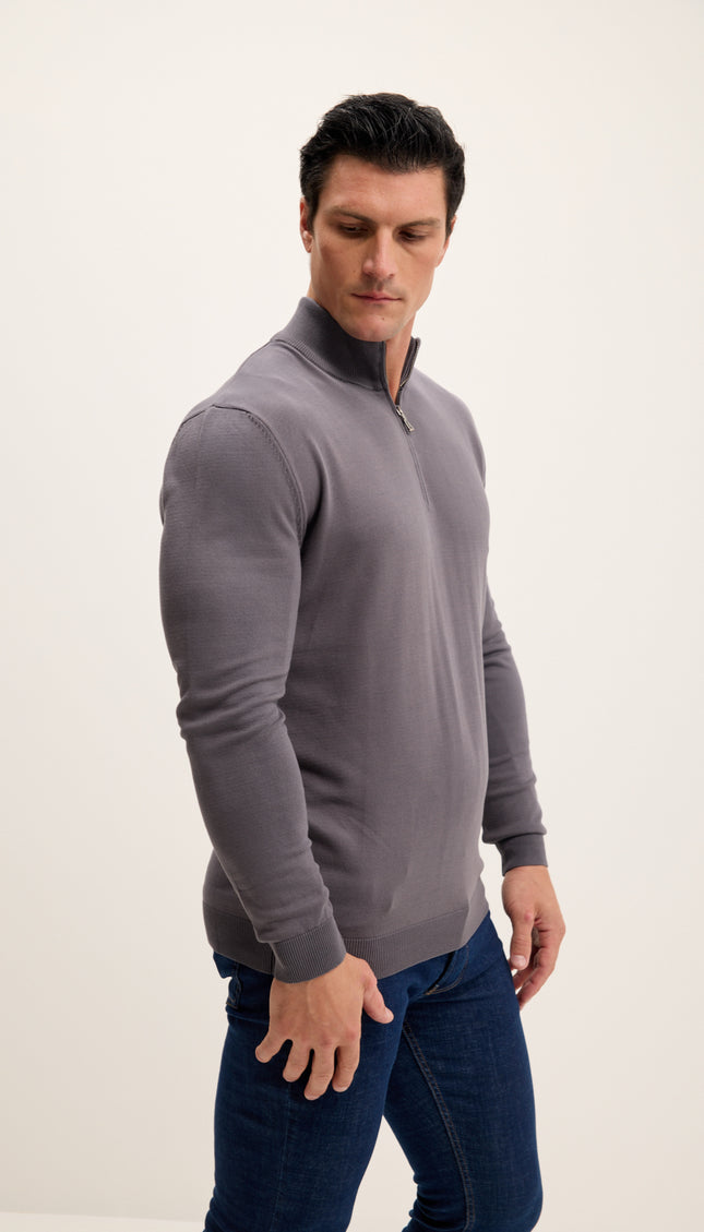 Zipper Closure Mock Neck Sweater - Anthracite