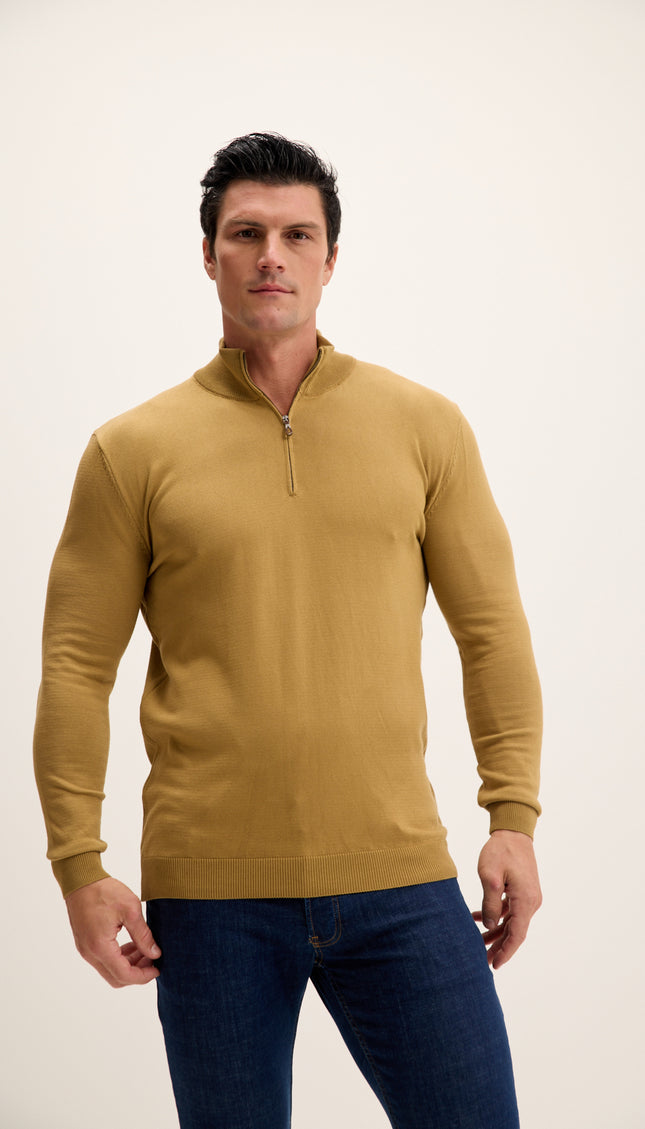 Zipper Closure Mock Neck Sweater - Mustard