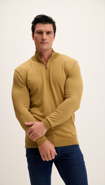 Zipper Closure Mock Neck Sweater - Mustard