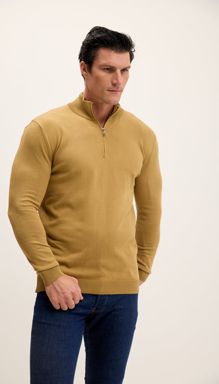 Zipper Closure Mock Neck Sweater - Mustard