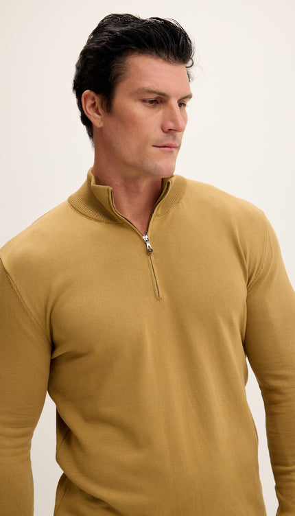 Zipper Closure Mock Neck Sweater - Mustard