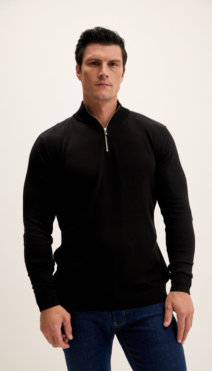 Quarter Zipper Mock Neck Ribbed Sweater - Black