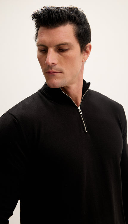 Quarter Zipper Mock Neck Ribbed Sweater - Black
